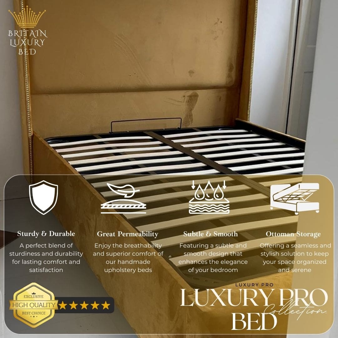 Luxury Gold Plush Velvet Wingback Ottoman Gas Lift Bed -Gold Studs, Underbed Storage - Elegant Bedroom Furniture"