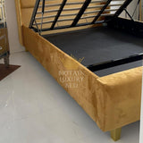 Luxury Gold Plush Velvet Wingback Ottoman Gas Lift Bed -Gold Studs, Underbed Storage - Elegant Bedroom Furniture"